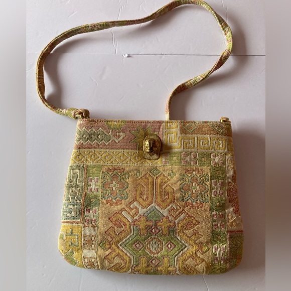 Ruth Saltz Tapestry Crossbody purse in tan and green Rare VINTAGE - Picture 1 of 14